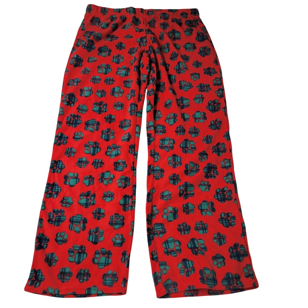 Sleep Street Red Green Plaid Puppy Paw Print Fleece Pajama Pants Large